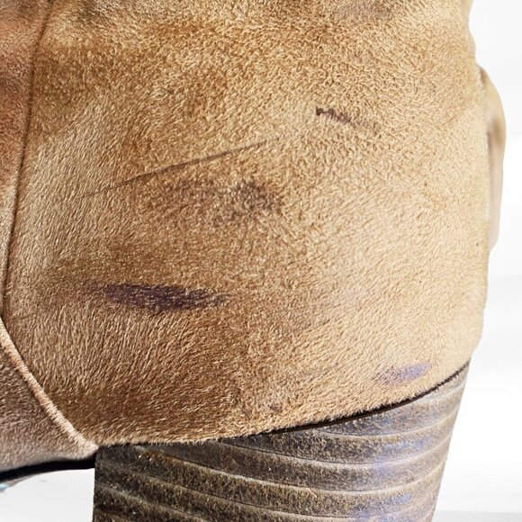 Report Tariq Tall Shaft Faux Suede Bootie Tan Block Heel Slip On/Pull Tab Size 9 - Picture 13 of 16